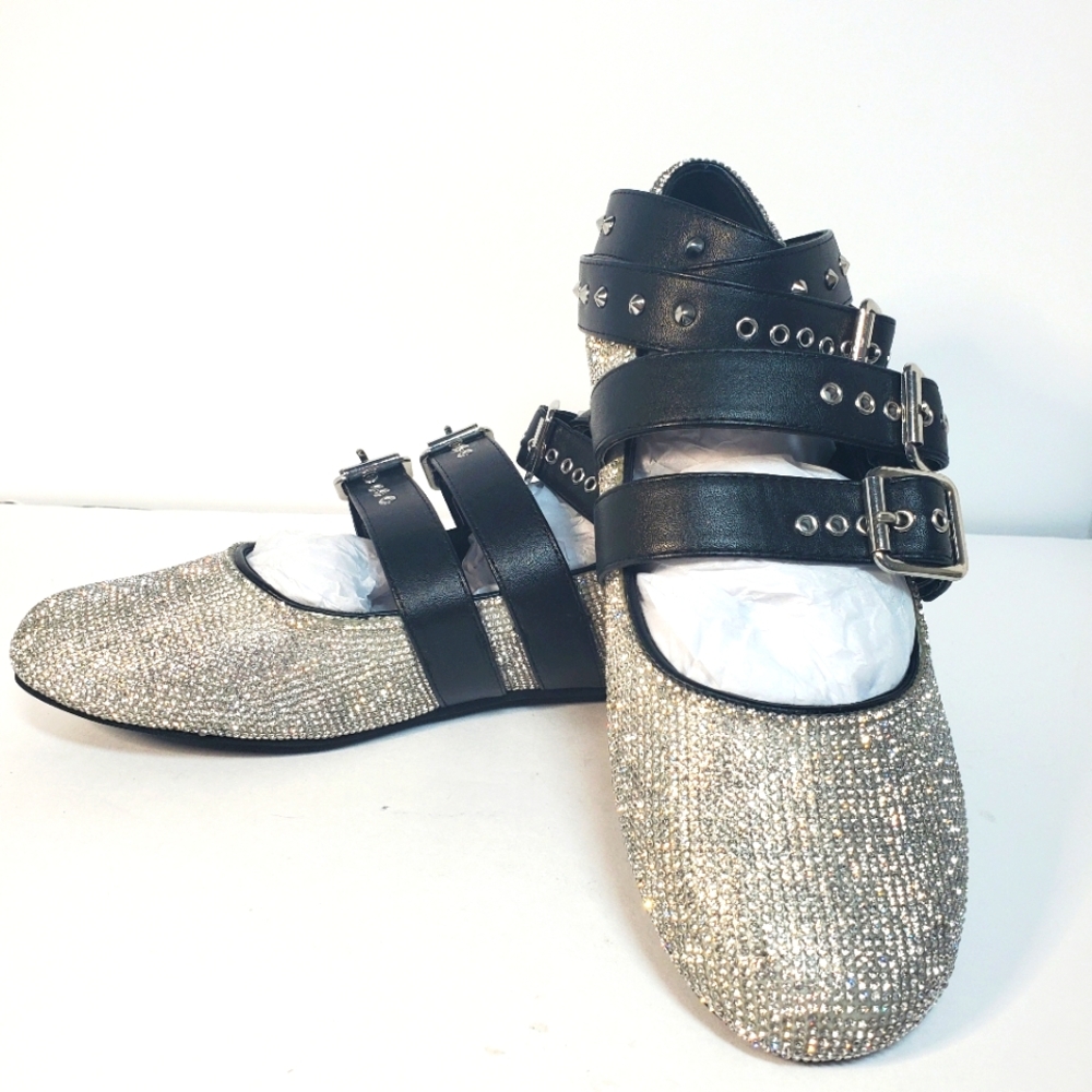 Sugar thrills rhinestone ballet bondage flats. Size 8